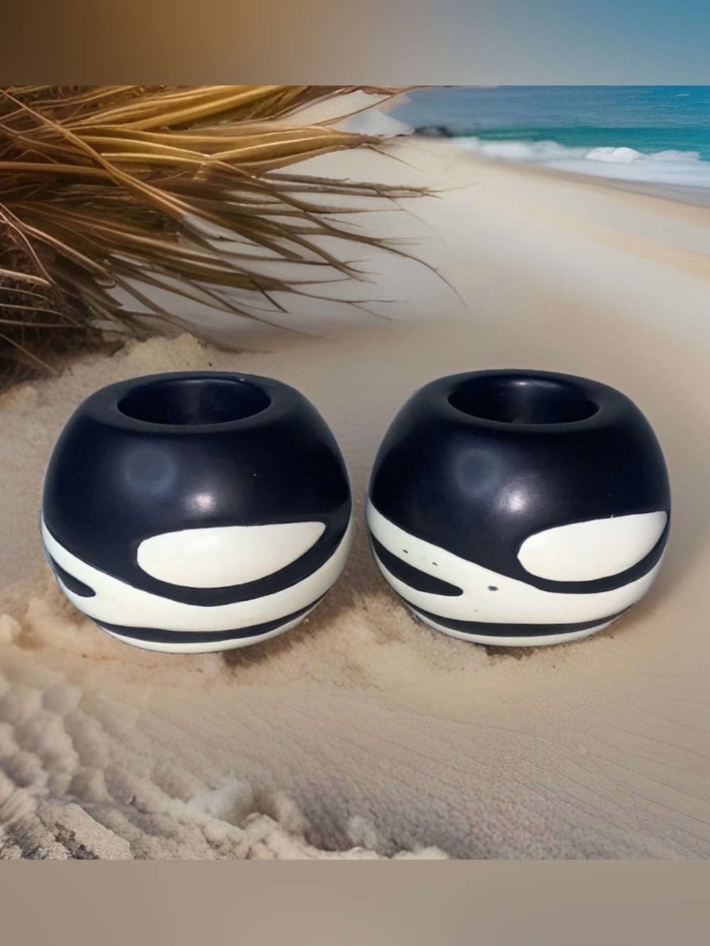 PartyLite African Inspiration Retired Ceramic Candle Holder Set of 2 Black White - Picture 14 of 14